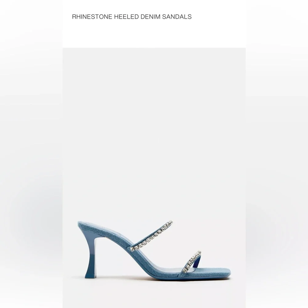 ZARA Light Blue Denim Rhinestone Heeled Sandals EU 35 - Picture 2 of 9